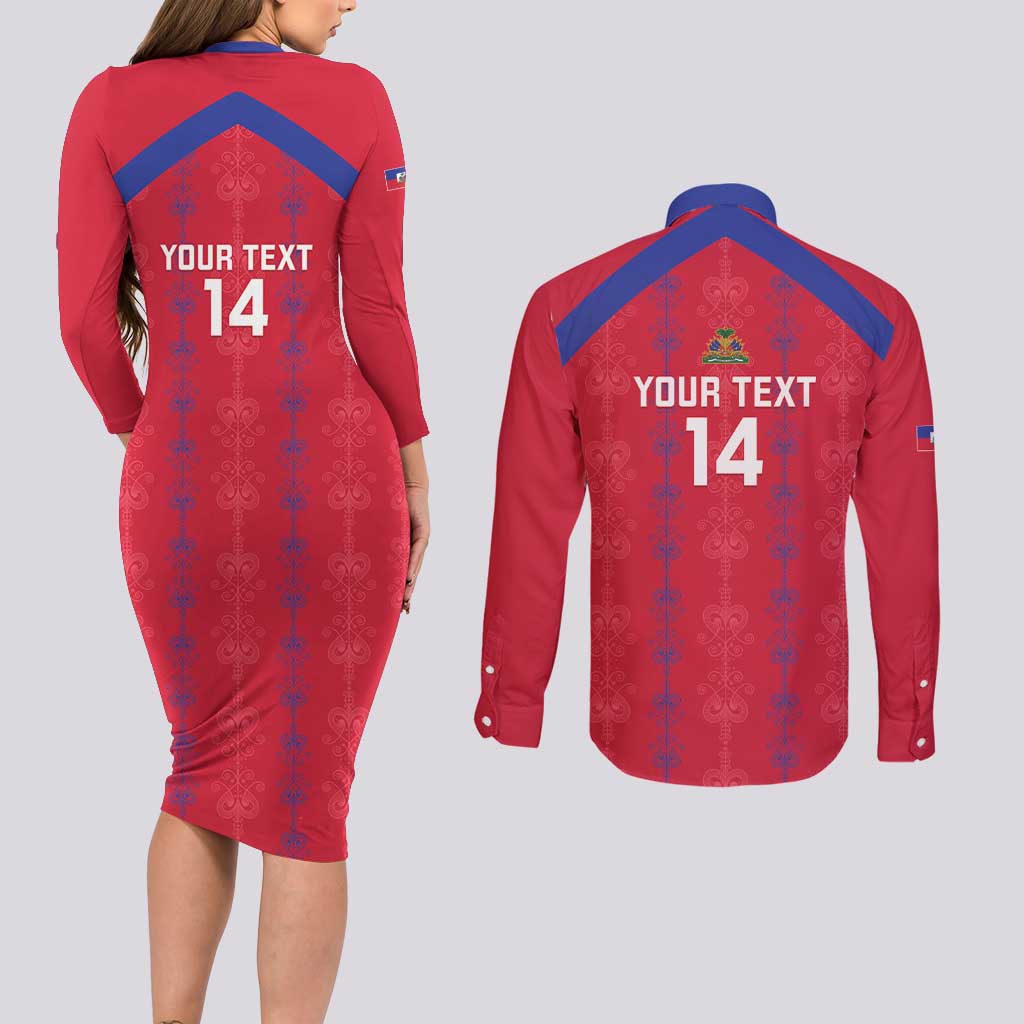 Custom Haiti Football Couples Matching Long Sleeve Bodycon Dress and Long Sleeve Button Shirt Les Grenadiers Veve Vodou Red - Wonder Print Shop