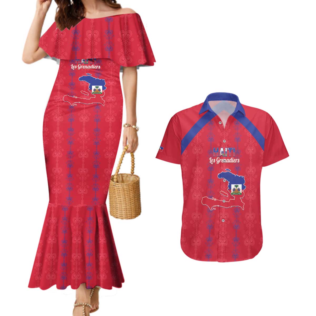 Custom Haiti Football Couples Matching Mermaid Dress and Hawaiian Shirt Les Grenadiers Veve Vodou Red - Wonder Print Shop