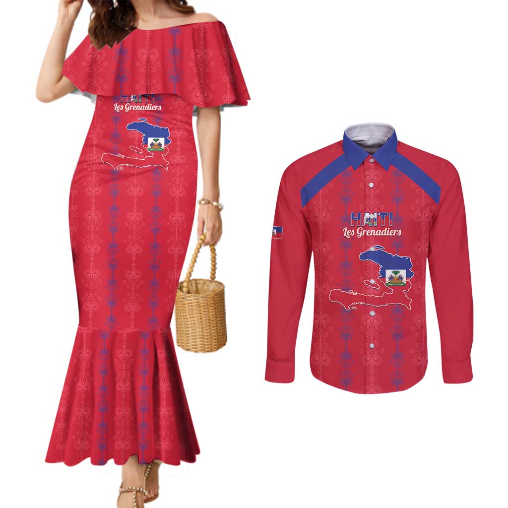 Custom Haiti Football Couples Matching Mermaid Dress and Long Sleeve Button Shirt Les Grenadiers Veve Vodou Red - Wonder Print Shop