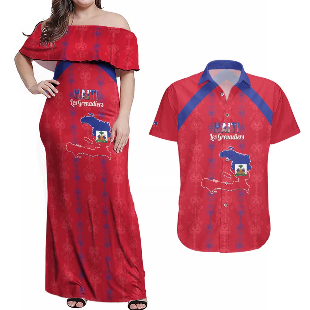 Custom Haiti Football Couples Matching Off Shoulder Maxi Dress and Hawaiian Shirt Les Grenadiers Veve Vodou Red - Wonder Print Shop