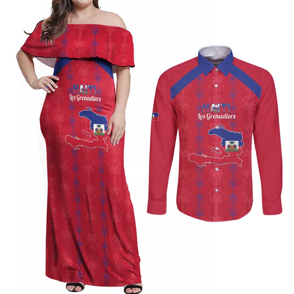 Custom Haiti Football Couples Matching Off Shoulder Maxi Dress and Long Sleeve Button Shirt Les Grenadiers Veve Vodou Red - Wonder Print Shop