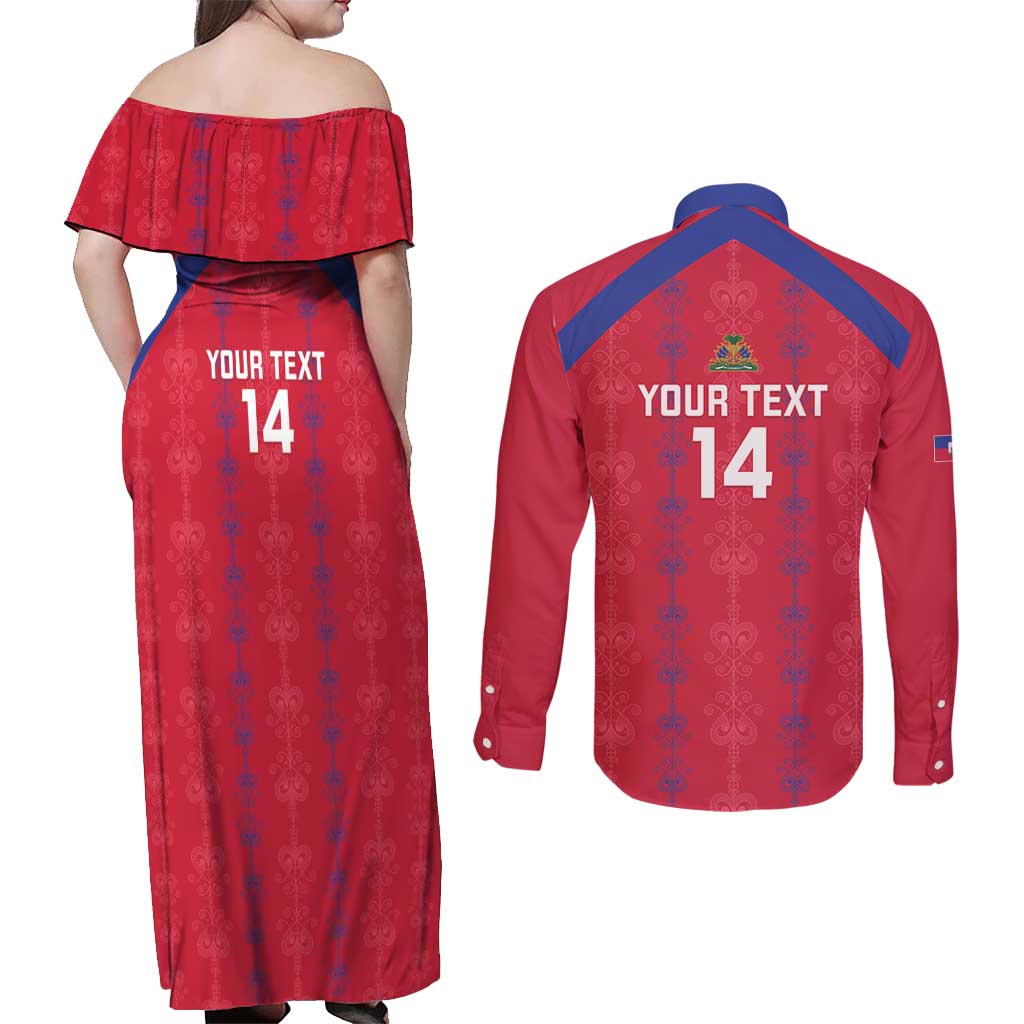 Custom Haiti Football Couples Matching Off Shoulder Maxi Dress and Long Sleeve Button Shirt Les Grenadiers Veve Vodou Red - Wonder Print Shop