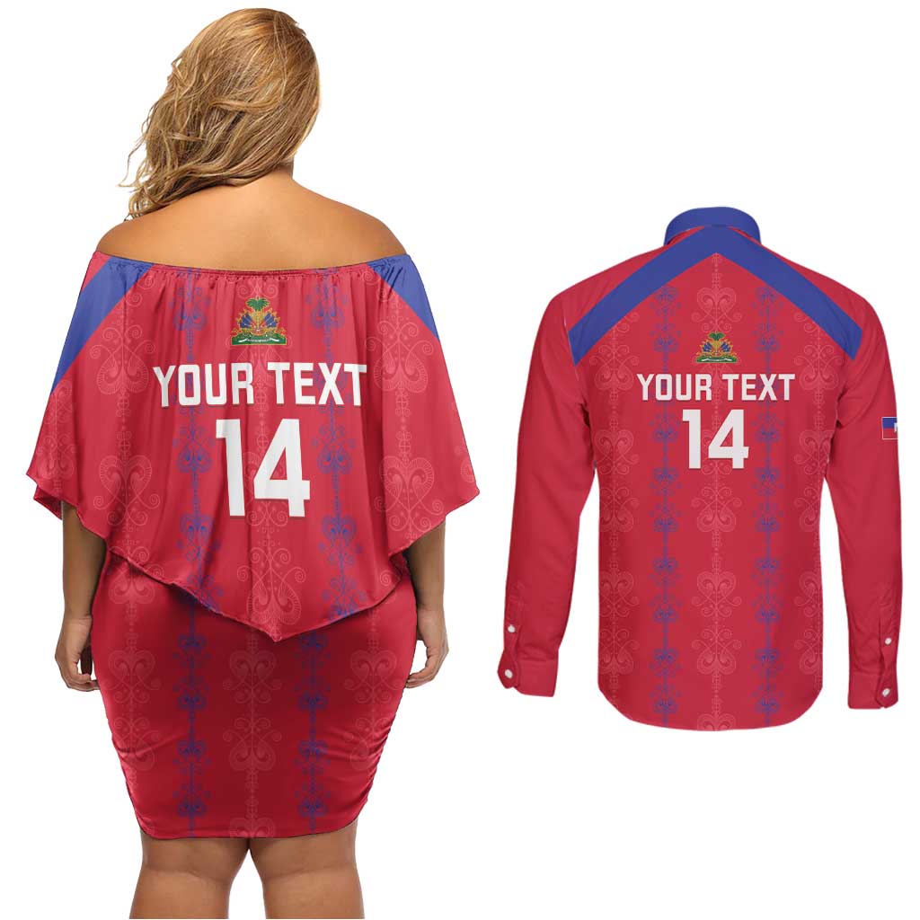 Custom Haiti Football Couples Matching Off Shoulder Short Dress and Long Sleeve Button Shirt Les Grenadiers Veve Vodou Red - Wonder Print Shop