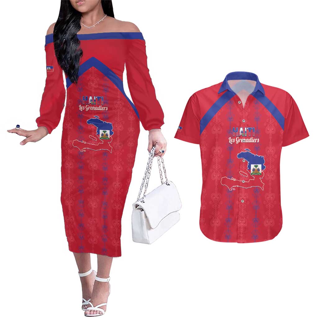 Custom Haiti Football Couples Matching Off The Shoulder Long Sleeve Dress and Hawaiian Shirt Les Grenadiers Veve Vodou Red - Wonder Print Shop