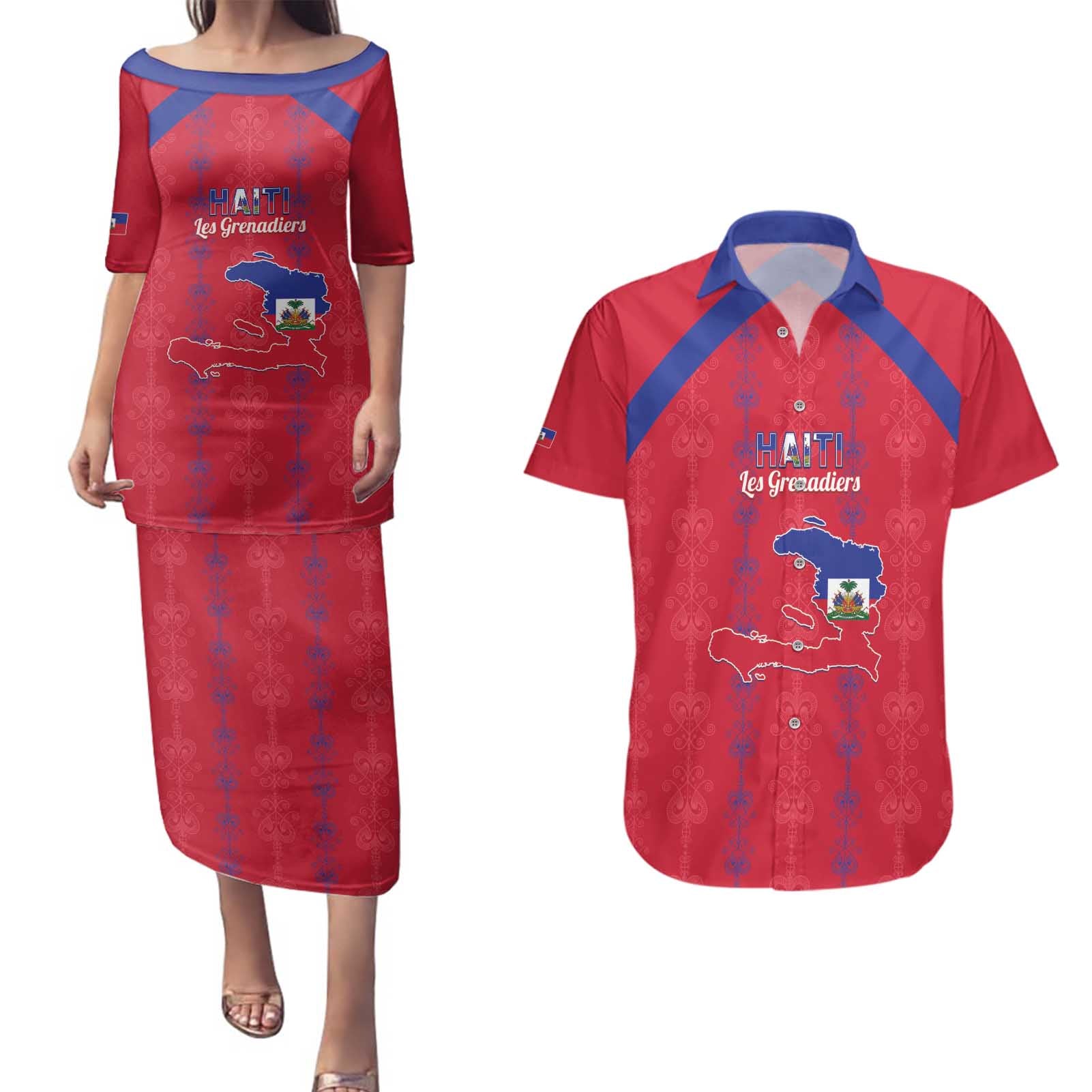 Custom Haiti Football Couples Matching Puletasi and Hawaiian Shirt Les Grenadiers Veve Vodou Red - Wonder Print Shop