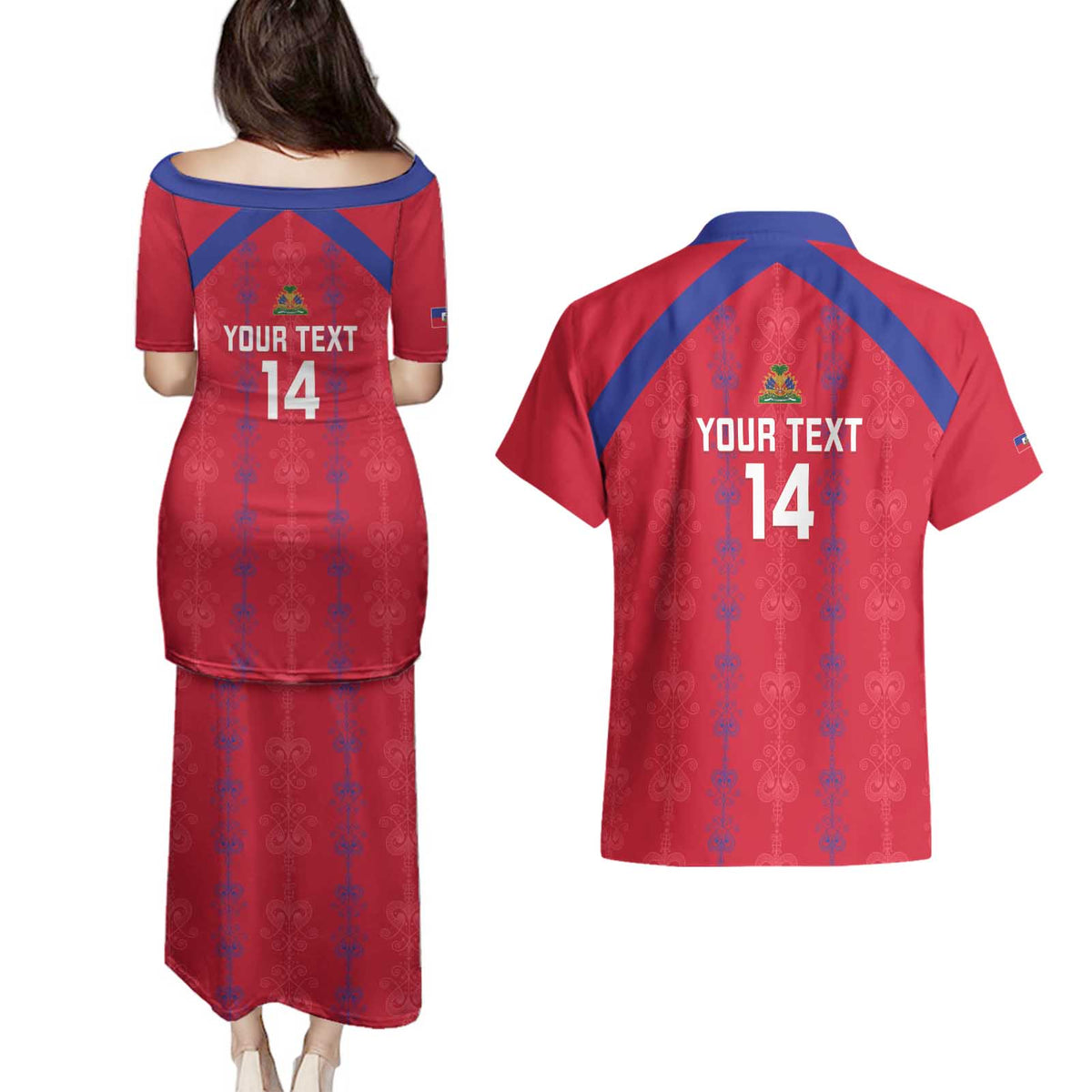 Custom Haiti Football Couples Matching Puletasi and Hawaiian Shirt Les Grenadiers Veve Vodou Red - Wonder Print Shop