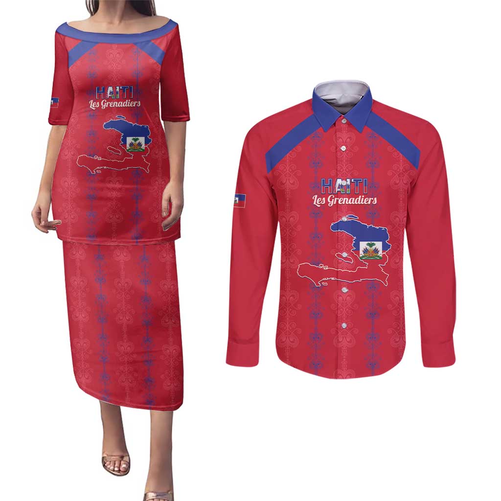 Custom Haiti Football Couples Matching Puletasi and Long Sleeve Button Shirt Les Grenadiers Veve Vodou Red - Wonder Print Shop
