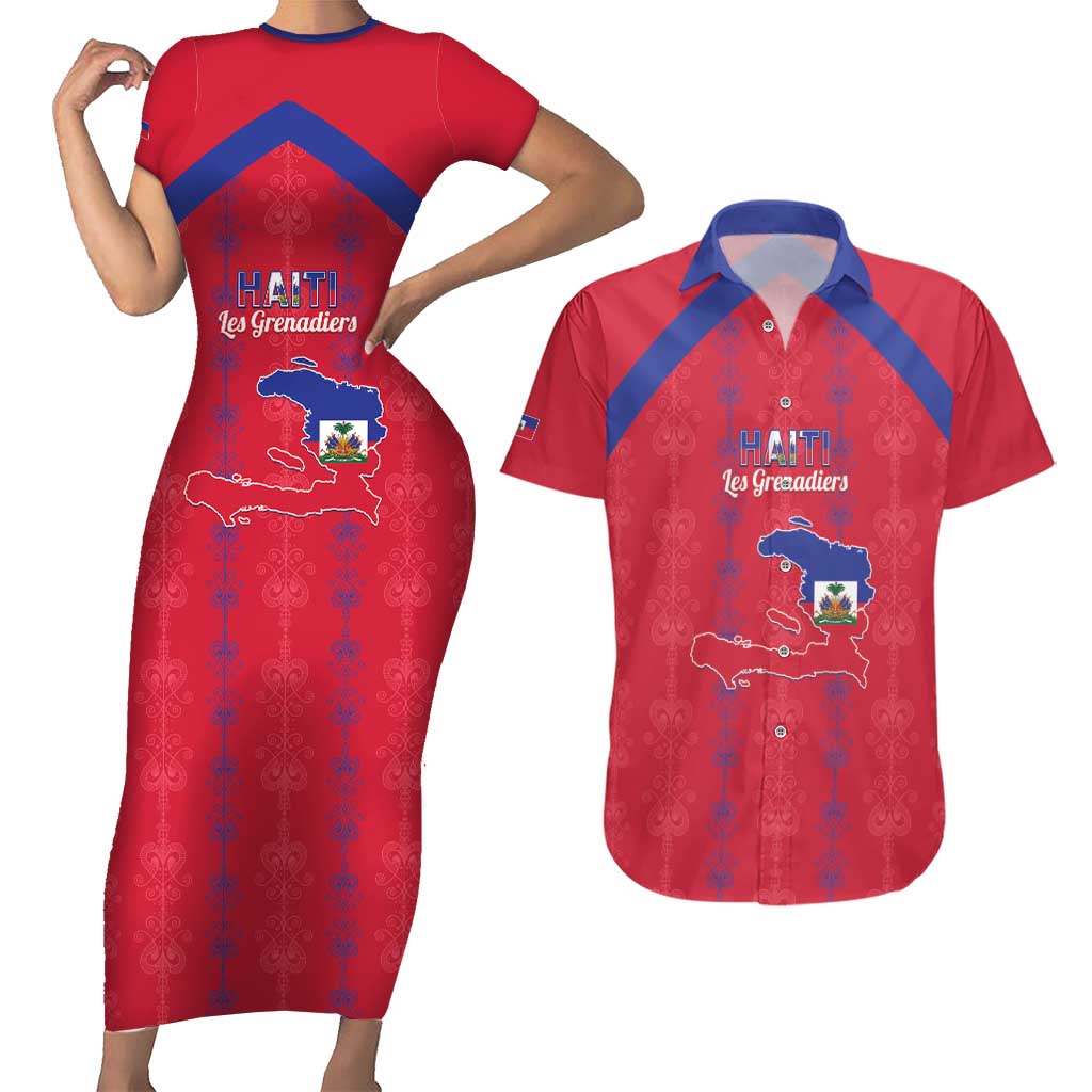 Custom Haiti Football Couples Matching Short Sleeve Bodycon Dress and Hawaiian Shirt Les Grenadiers Veve Vodou Red - Wonder Print Shop