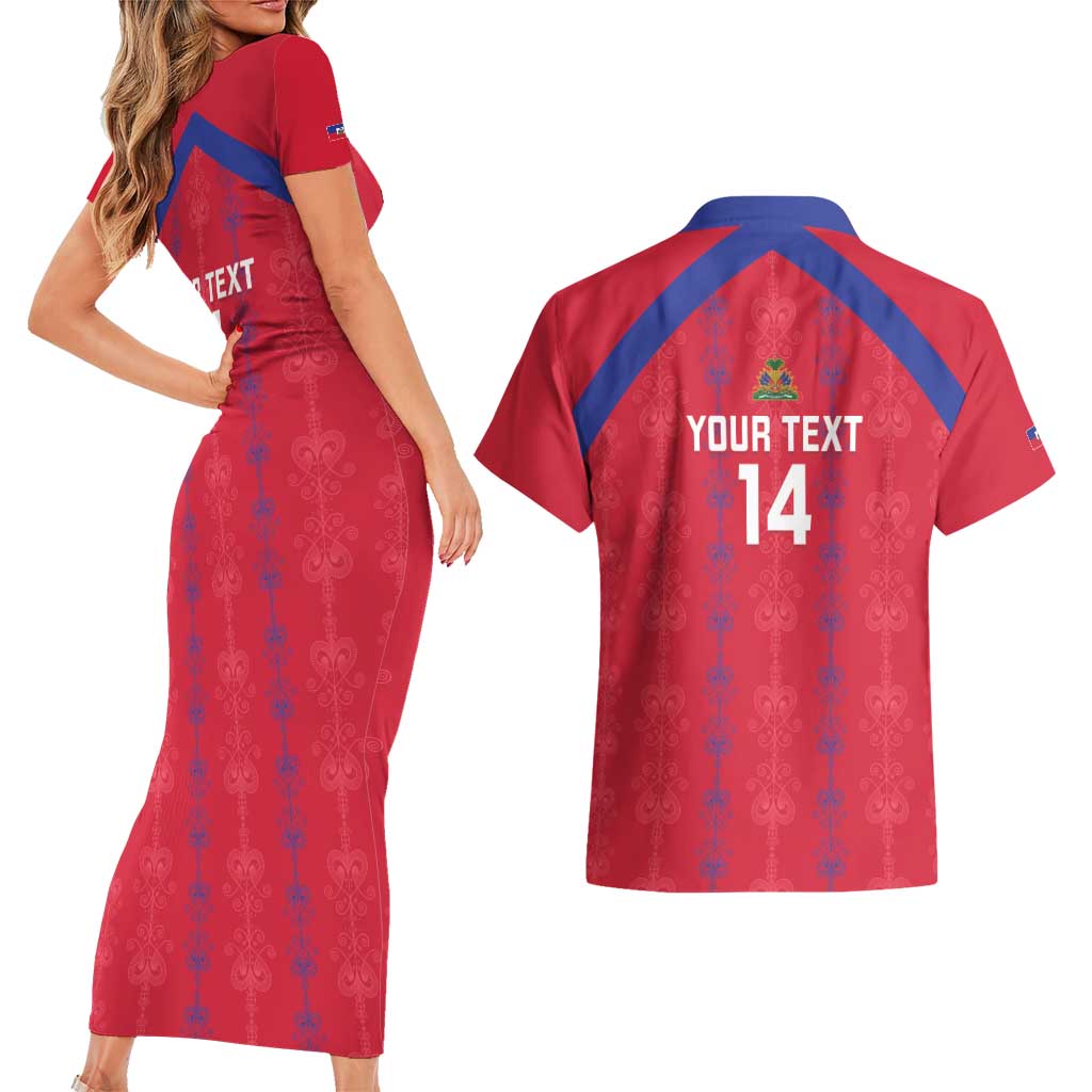 Custom Haiti Football Couples Matching Short Sleeve Bodycon Dress and Hawaiian Shirt Les Grenadiers Veve Vodou Red - Wonder Print Shop