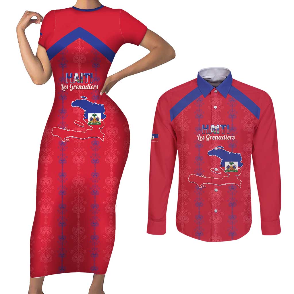 Custom Haiti Football Couples Matching Short Sleeve Bodycon Dress and Long Sleeve Button Shirt Les Grenadiers Veve Vodou Red - Wonder Print Shop