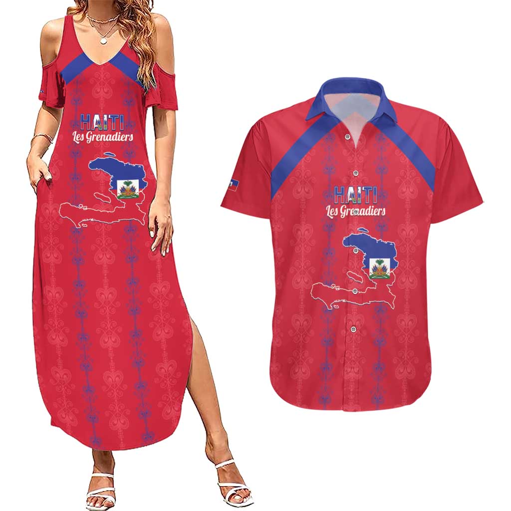 Custom Haiti Football Couples Matching Summer Maxi Dress and Hawaiian Shirt Les Grenadiers Veve Vodou Red - Wonder Print Shop
