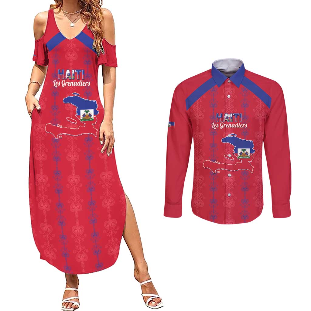 Custom Haiti Football Couples Matching Summer Maxi Dress and Long Sleeve Button Shirt Les Grenadiers Veve Vodou Red - Wonder Print Shop