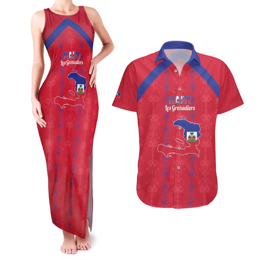 Custom Haiti Football Couples Matching Tank Maxi Dress and Hawaiian Shirt Les Grenadiers Veve Vodou Red - Wonder Print Shop