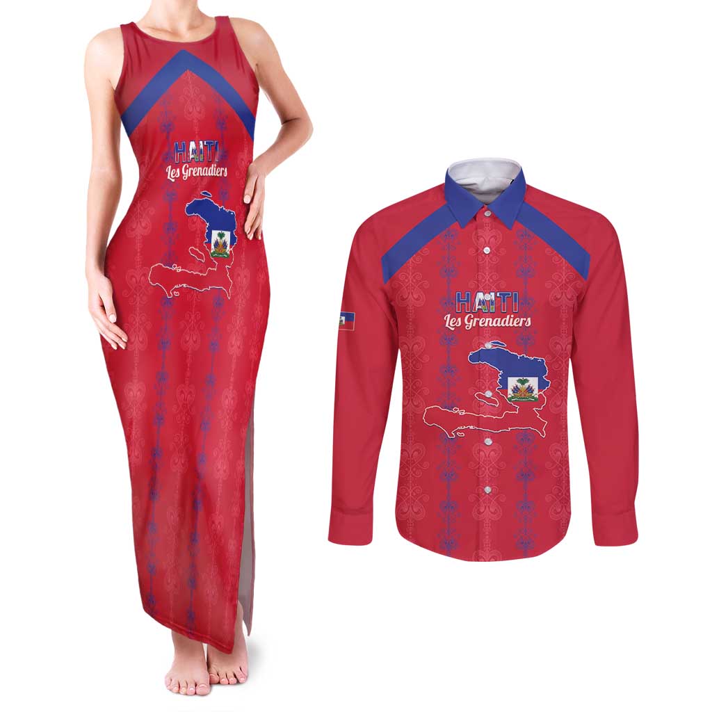 Custom Haiti Football Couples Matching Tank Maxi Dress and Long Sleeve Button Shirt Les Grenadiers Veve Vodou Red - Wonder Print Shop