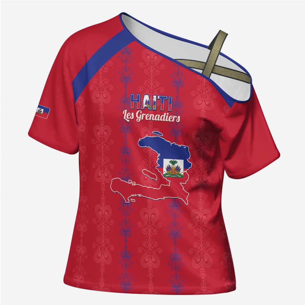 Custom Haiti Football Cross Shoulder Shirt Les Grenadiers Veve Vodou Red - Wonder Print Shop