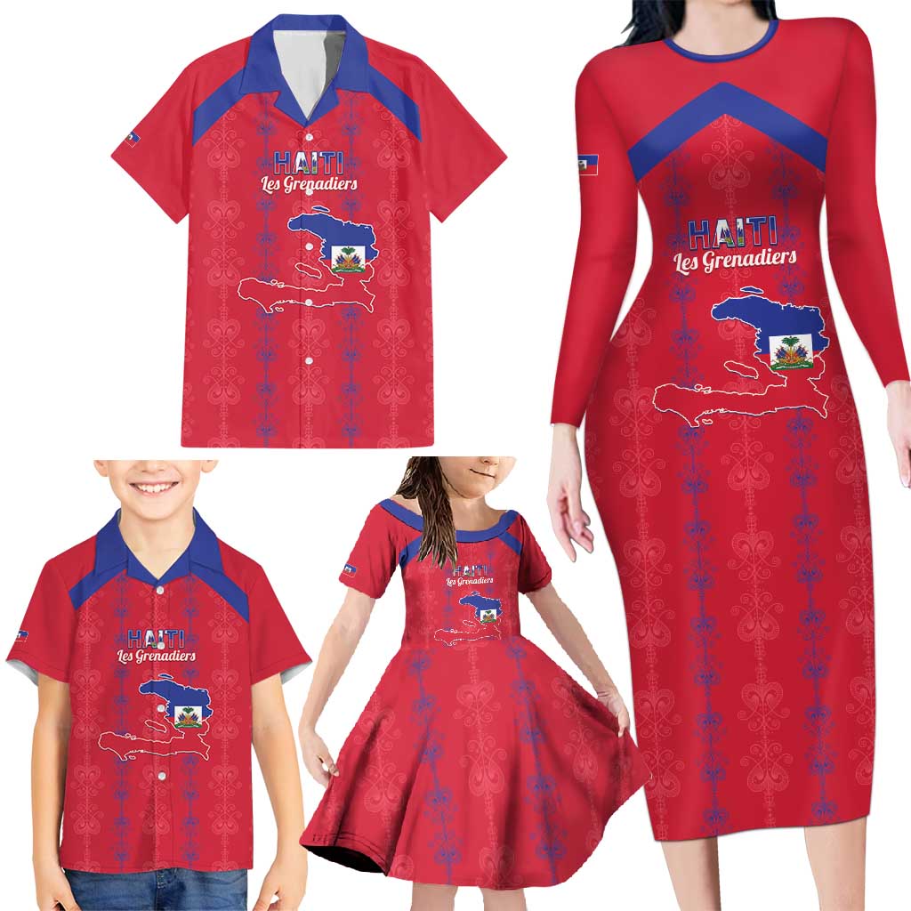Custom Haiti Football Family Matching Long Sleeve Bodycon Dress and Hawaiian Shirt Les Grenadiers Veve Vodou Red - Wonder Print Shop