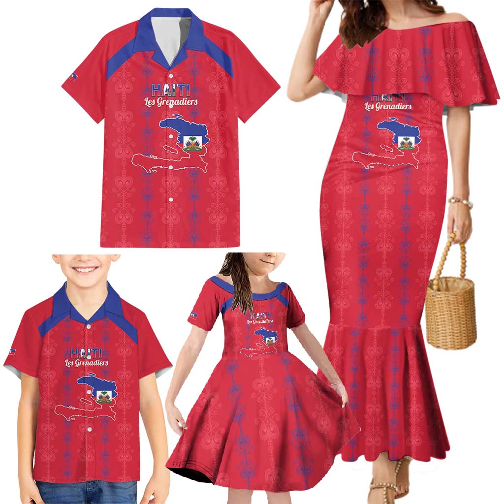 Custom Haiti Football Family Matching Mermaid Dress and Hawaiian Shirt Les Grenadiers Veve Vodou Red - Wonder Print Shop