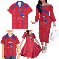 Custom Haiti Football Family Matching Off The Shoulder Long Sleeve Dress and Hawaiian Shirt Les Grenadiers Veve Vodou Red - Wonder Print Shop