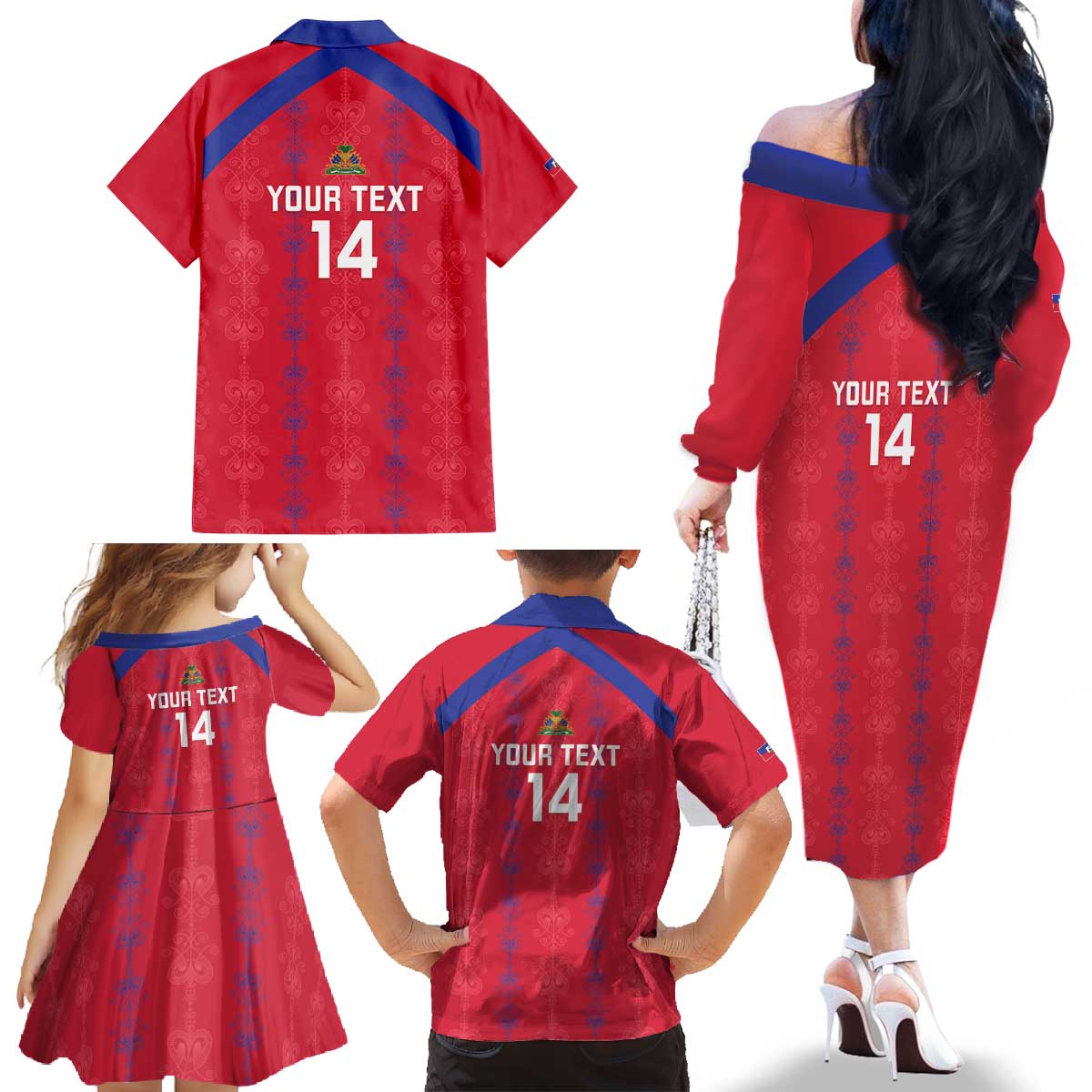 Custom Haiti Football Family Matching Off The Shoulder Long Sleeve Dress and Hawaiian Shirt Les Grenadiers Veve Vodou Red - Wonder Print Shop