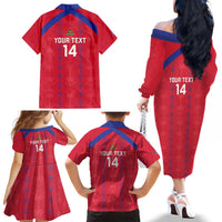 Custom Haiti Football Family Matching Off The Shoulder Long Sleeve Dress and Hawaiian Shirt Les Grenadiers Veve Vodou Red - Wonder Print Shop