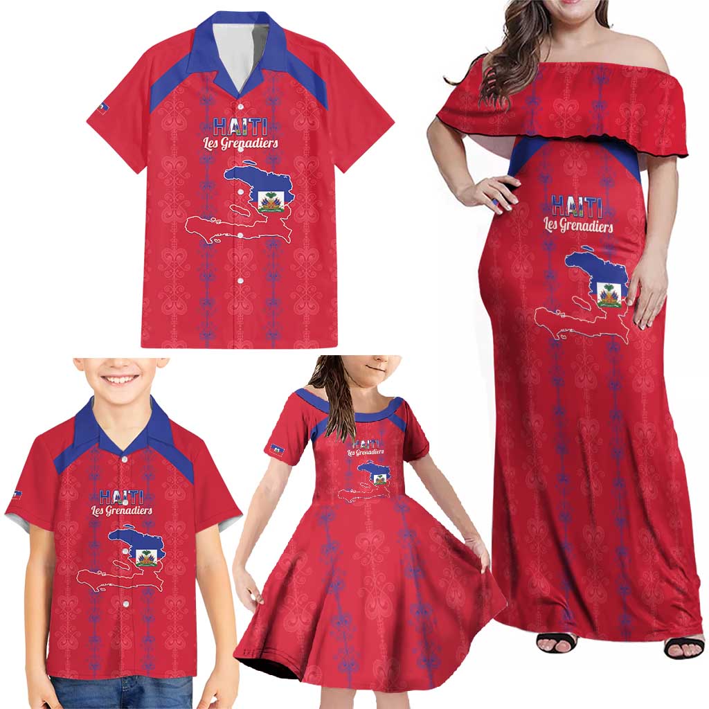Custom Haiti Football Family Matching Off Shoulder Maxi Dress and Hawaiian Shirt Les Grenadiers Veve Vodou Red - Wonder Print Shop