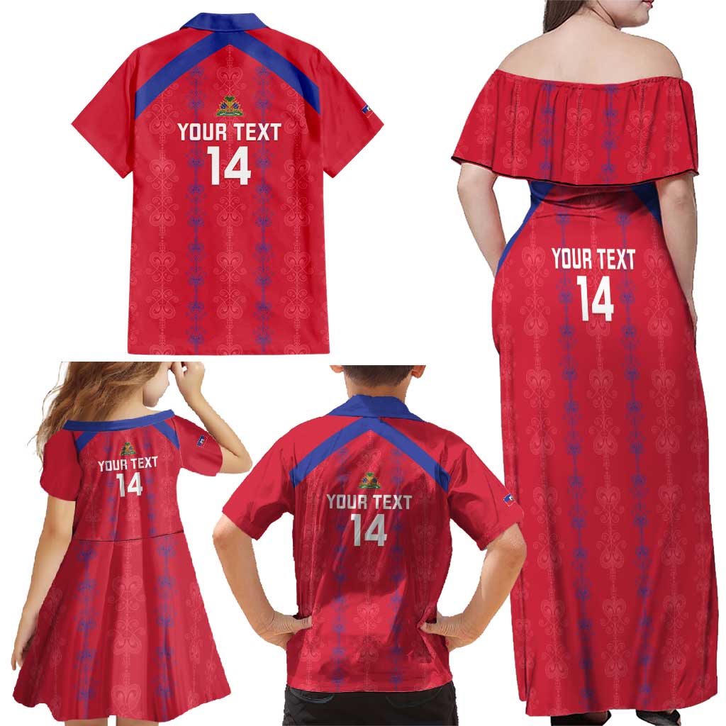 Custom Haiti Football Family Matching Off Shoulder Maxi Dress and Hawaiian Shirt Les Grenadiers Veve Vodou Red - Wonder Print Shop