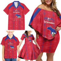 Custom Haiti Football Family Matching Off Shoulder Short Dress and Hawaiian Shirt Les Grenadiers Veve Vodou Red - Wonder Print Shop