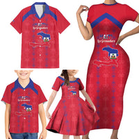 Custom Haiti Football Family Matching Short Sleeve Bodycon Dress and Hawaiian Shirt Les Grenadiers Veve Vodou Red - Wonder Print Shop