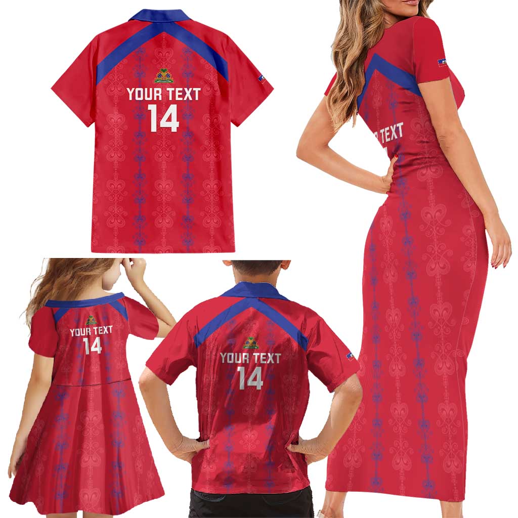 Custom Haiti Football Family Matching Short Sleeve Bodycon Dress and Hawaiian Shirt Les Grenadiers Veve Vodou Red - Wonder Print Shop