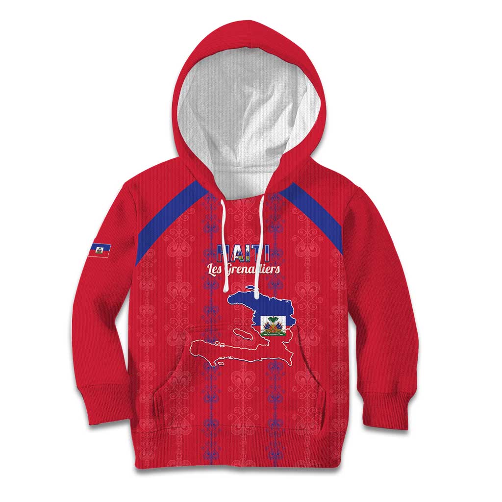 Custom Haiti Football Kid Hoodie Les Grenadiers Veve Vodou Red - Wonder Print Shop