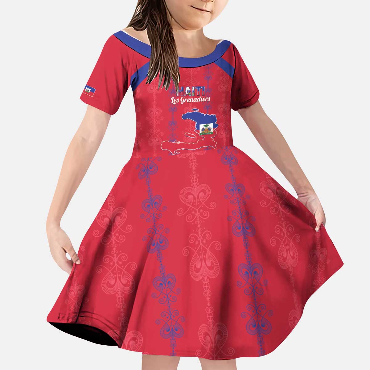 Custom Haiti Football Kid Short Sleeve Dress Les Grenadiers Veve Vodou Red - Wonder Print Shop