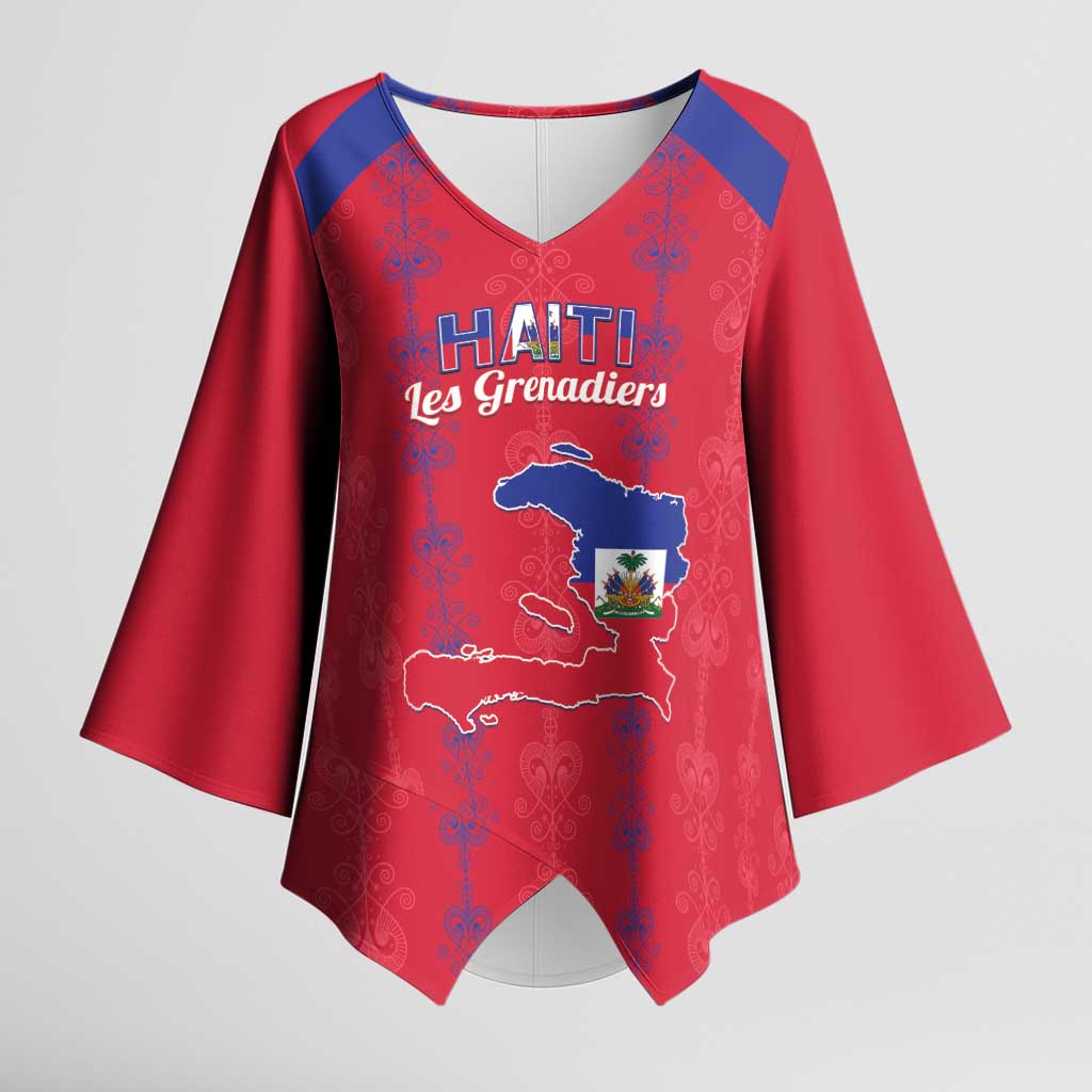 Custom Haiti Football Kimono Sleeve Blouse Les Grenadiers Veve Vodou Red - Wonder Print Shop