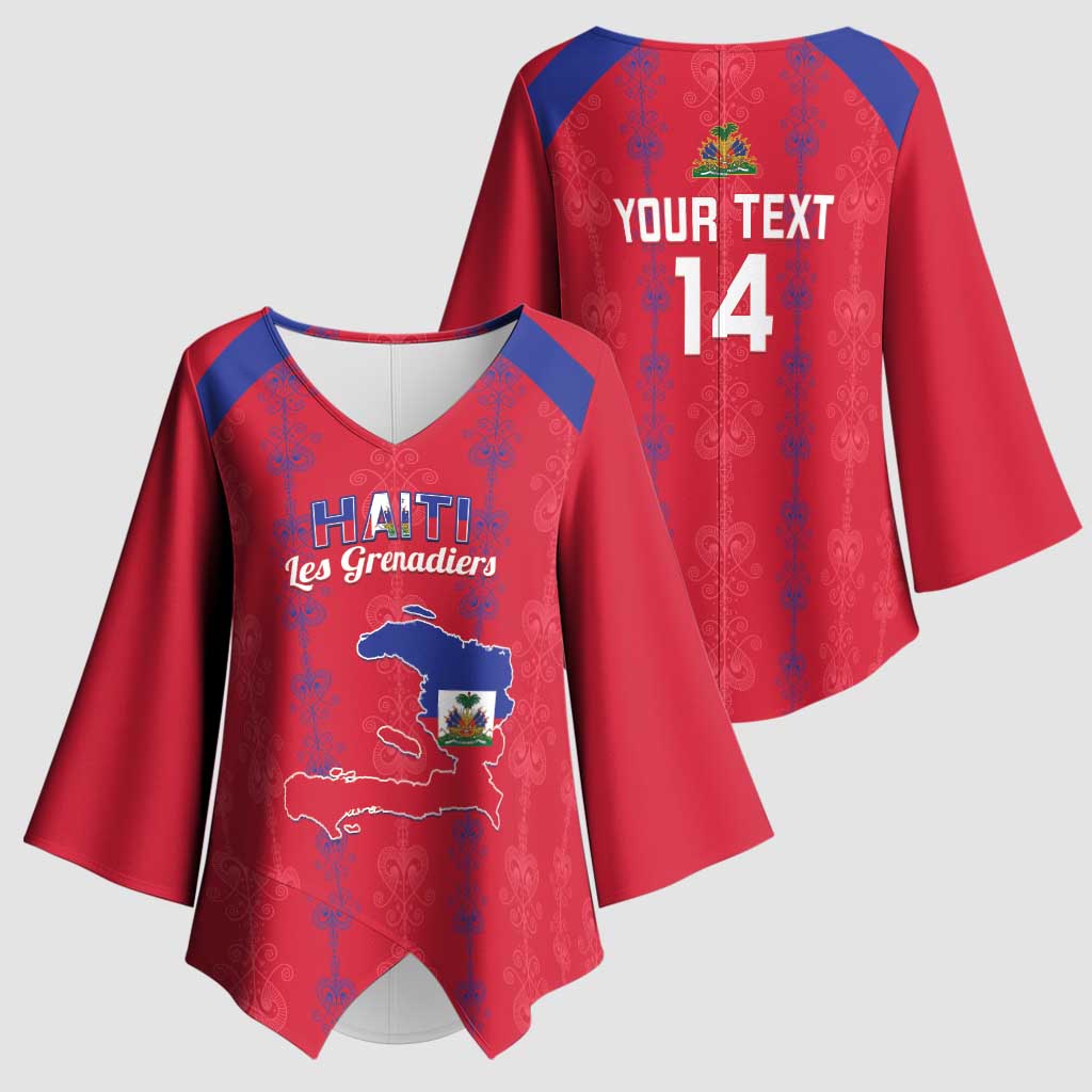 Custom Haiti Football Kimono Sleeve Blouse Les Grenadiers Veve Vodou Red - Wonder Print Shop