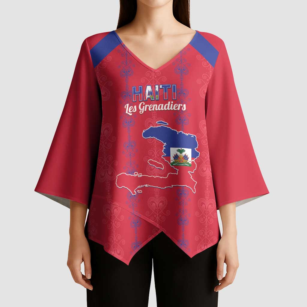 Custom Haiti Football Kimono Sleeve Blouse Les Grenadiers Veve Vodou Red - Wonder Print Shop