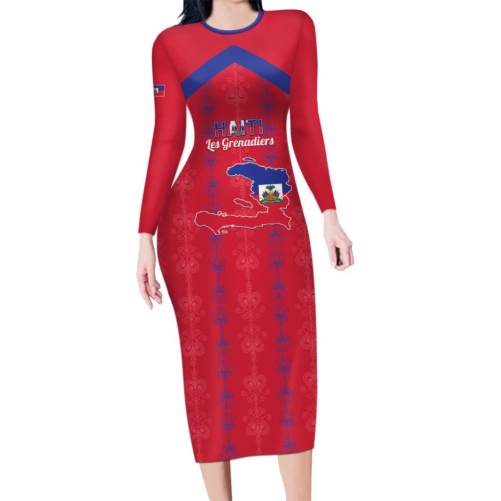 Custom Haiti Football Long Sleeve Bodycon Dress Les Grenadiers Veve Vodou Red - Wonder Print Shop
