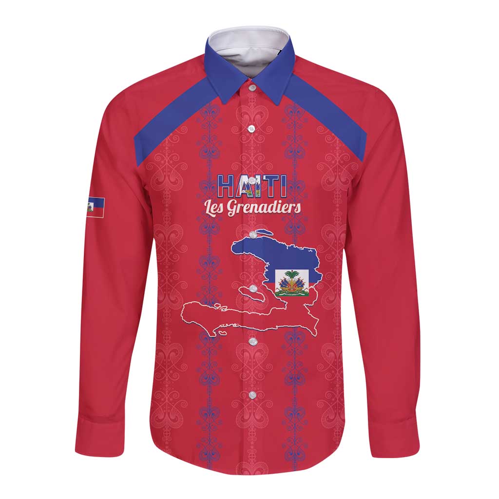 Custom Haiti Football Long Sleeve Button Shirt Les Grenadiers Veve Vodou Red - Wonder Print Shop