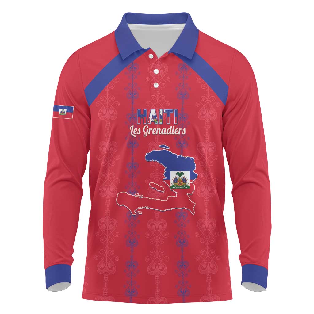 Custom Haiti Football Long Sleeve Polo Shirt Les Grenadiers Veve Vodou Red - Wonder Print Shop