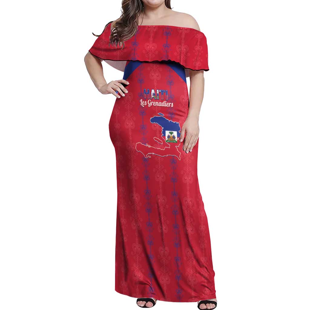 Custom Haiti Football Off Shoulder Maxi Dress Les Grenadiers Veve Vodou Red - Wonder Print Shop