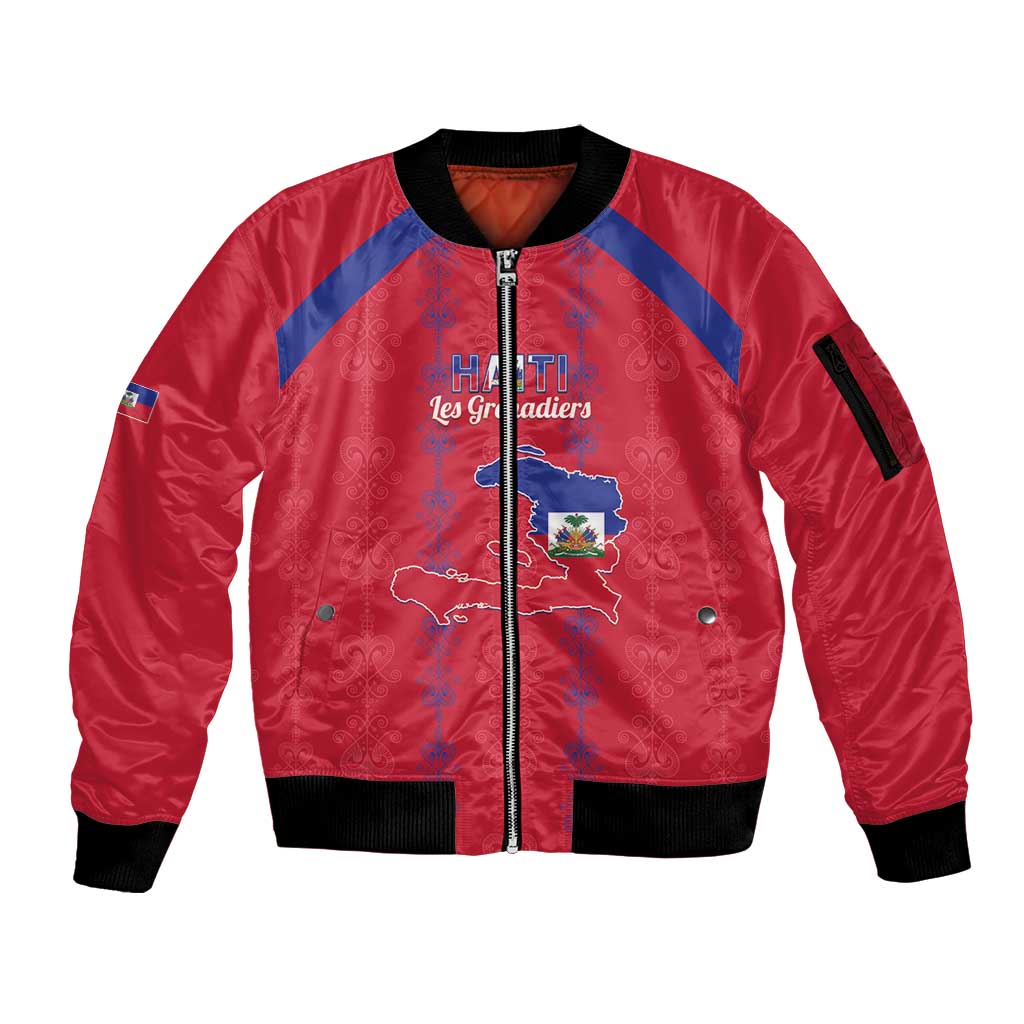 Custom Haiti Football Sleeve Zip Bomber Jacket Les Grenadiers Veve Vodou Red - Wonder Print Shop