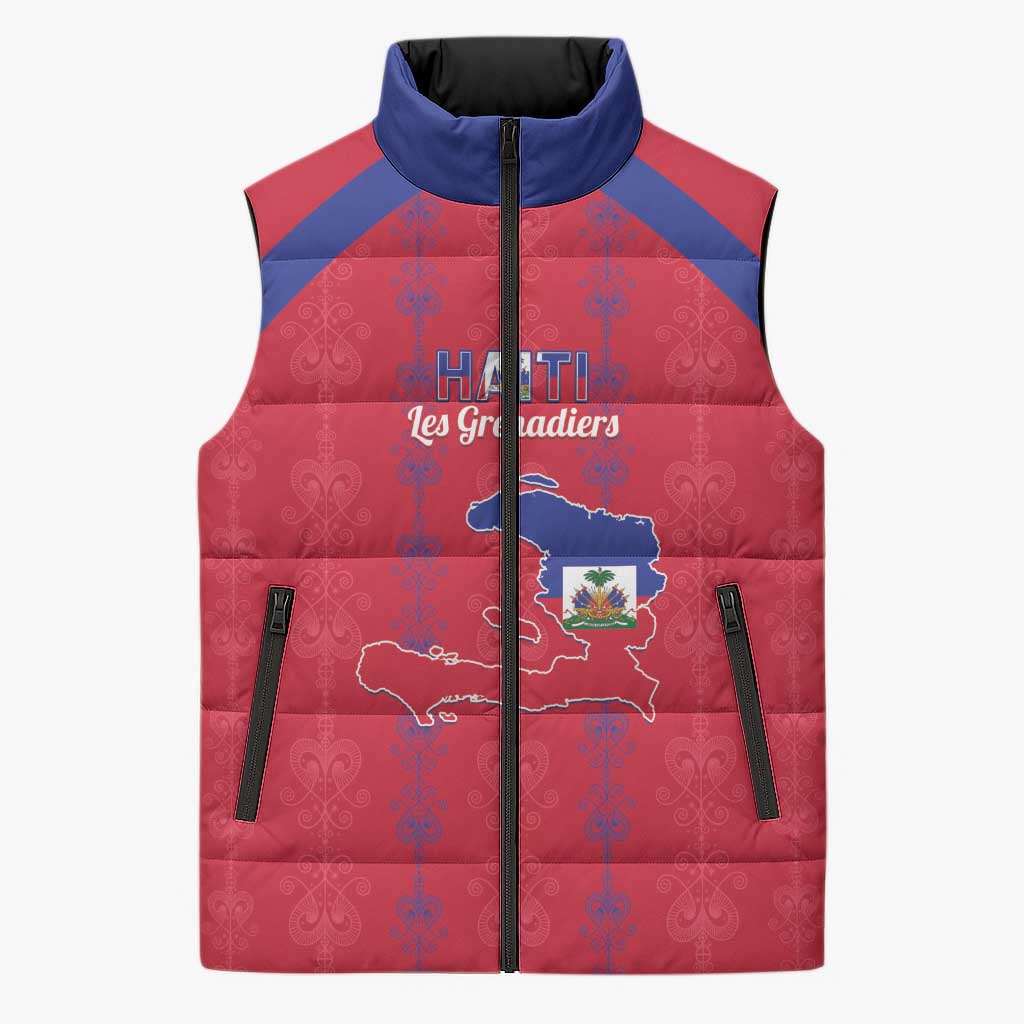 Custom Haiti Football Sleeveless Puffer Jacket Les Grenadiers Veve Vodou Red - Wonder Print Shop