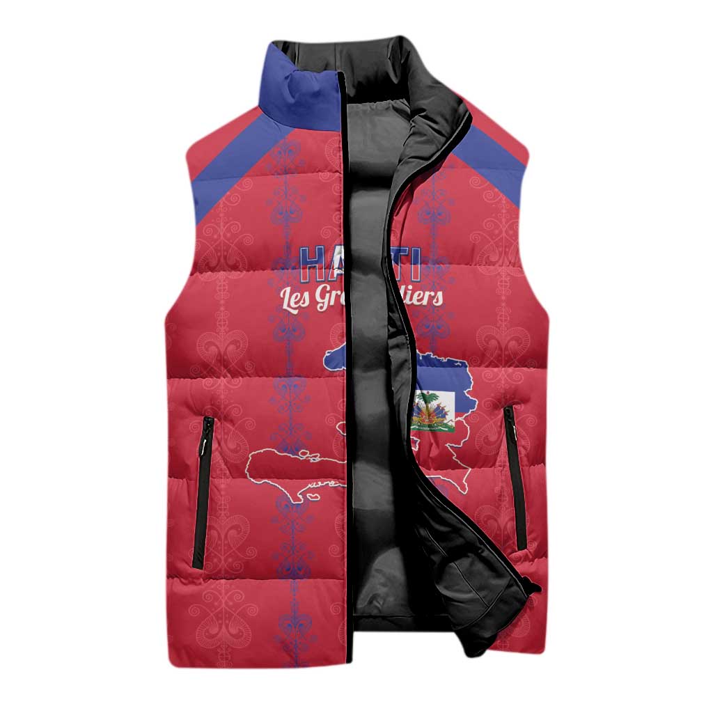 Custom Haiti Football Sleeveless Puffer Jacket Les Grenadiers Veve Vodou Red - Wonder Print Shop