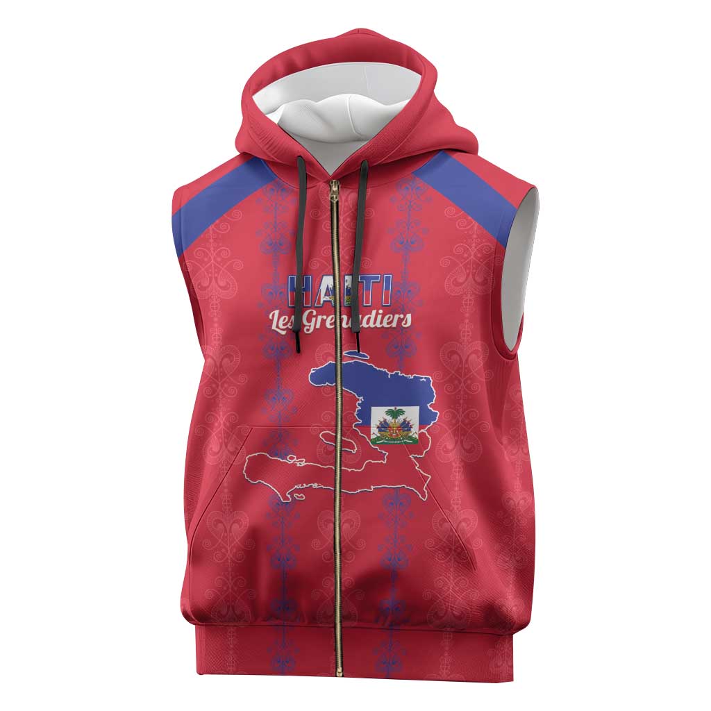 Custom Haiti Football Sleeveless Zip Hoodie Les Grenadiers Veve Vodou Red - Wonder Print Shop