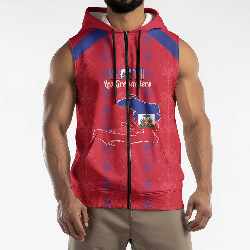 Custom Haiti Football Sleeveless Zip Hoodie Les Grenadiers Veve Vodou Red - Wonder Print Shop