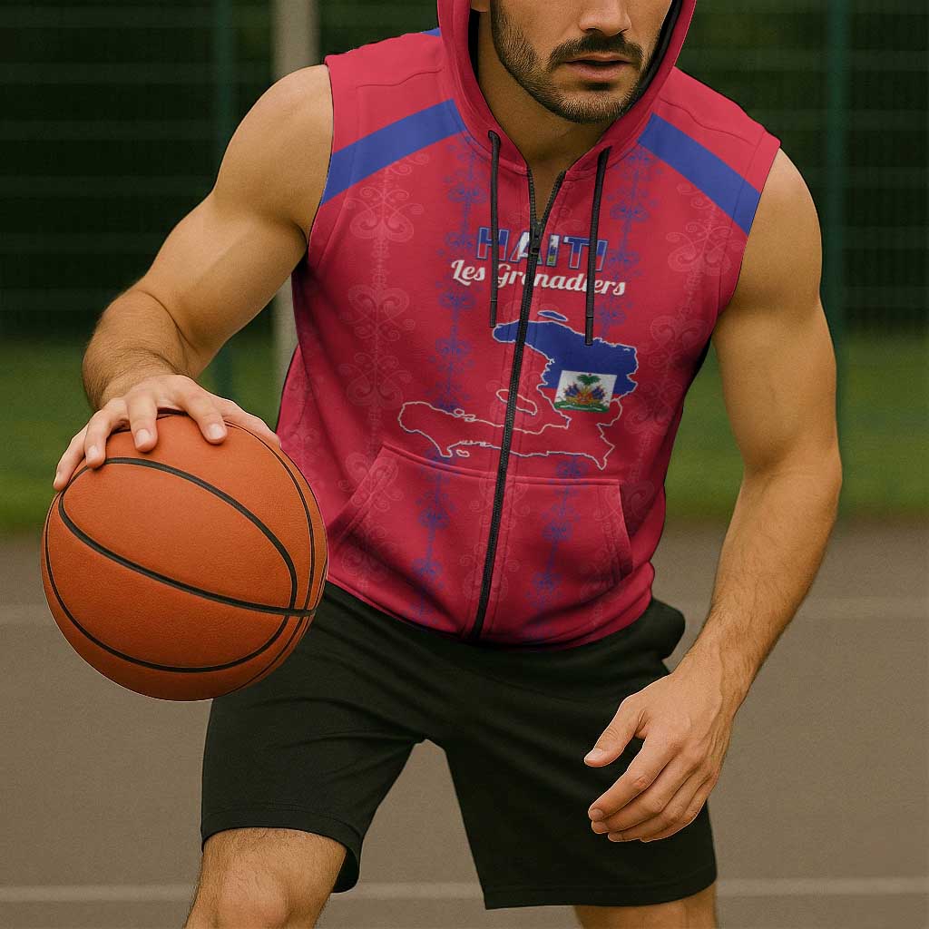 Custom Haiti Football Sleeveless Zip Hoodie Les Grenadiers Veve Vodou Red - Wonder Print Shop