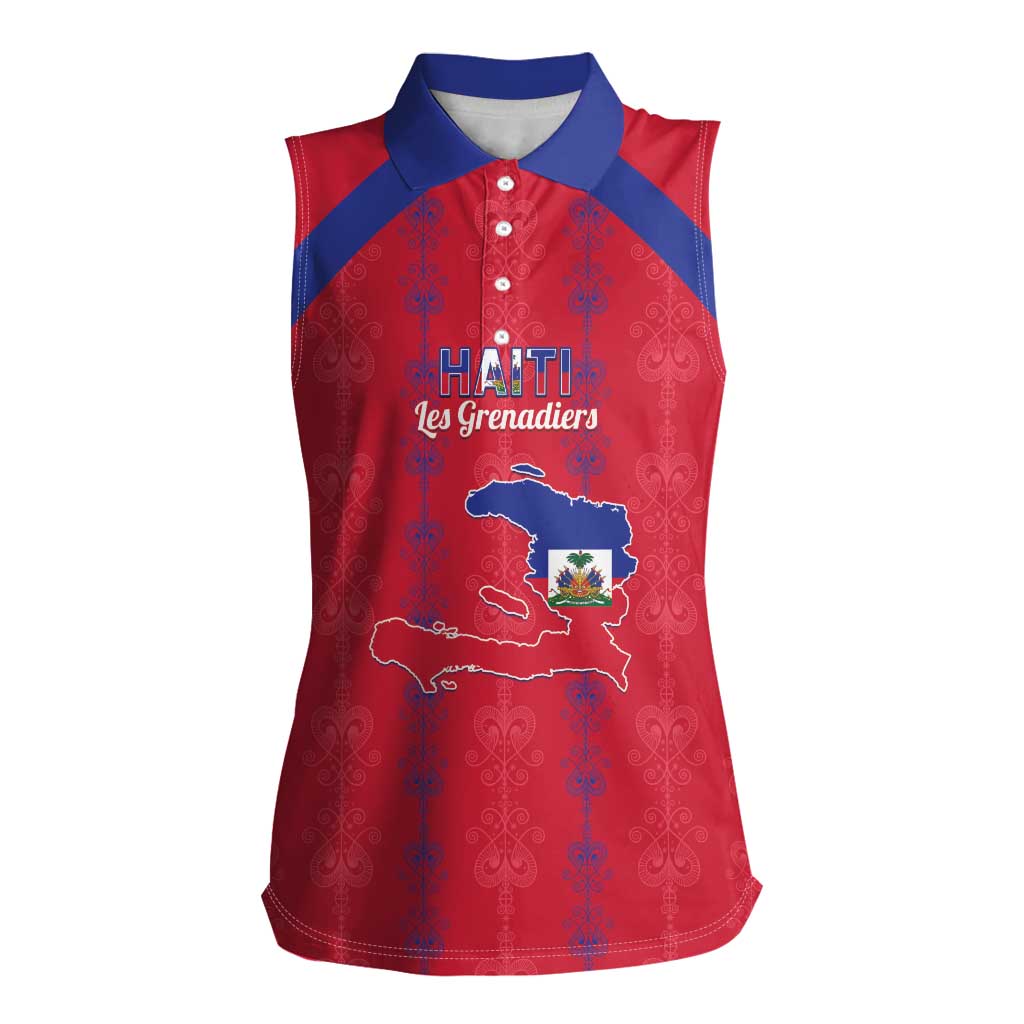 Custom Haiti Football Women Sleeveless Polo Shirt Les Grenadiers Veve Vodou Red - Wonder Print Shop