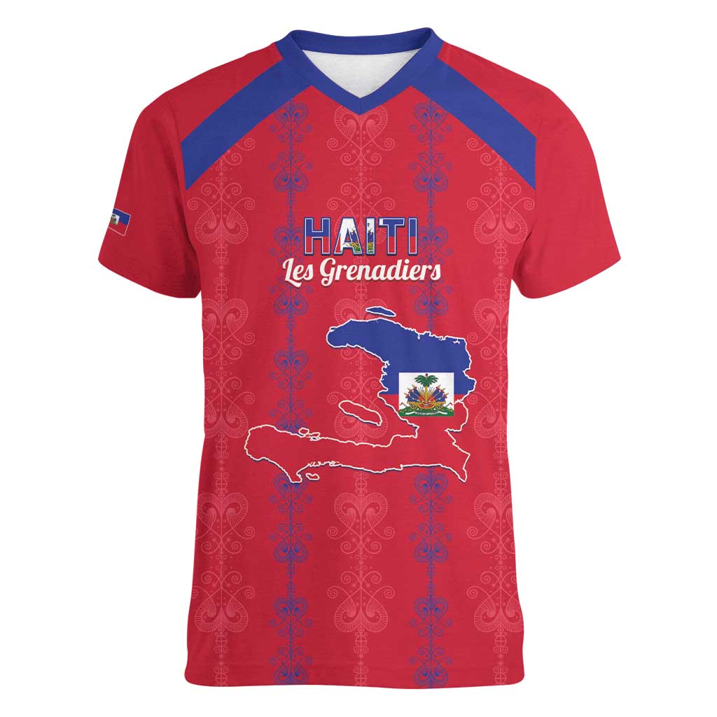 Custom Haiti Football Women V-Neck T-Shirt Les Grenadiers Veve Vodou Red - Wonder Print Shop
