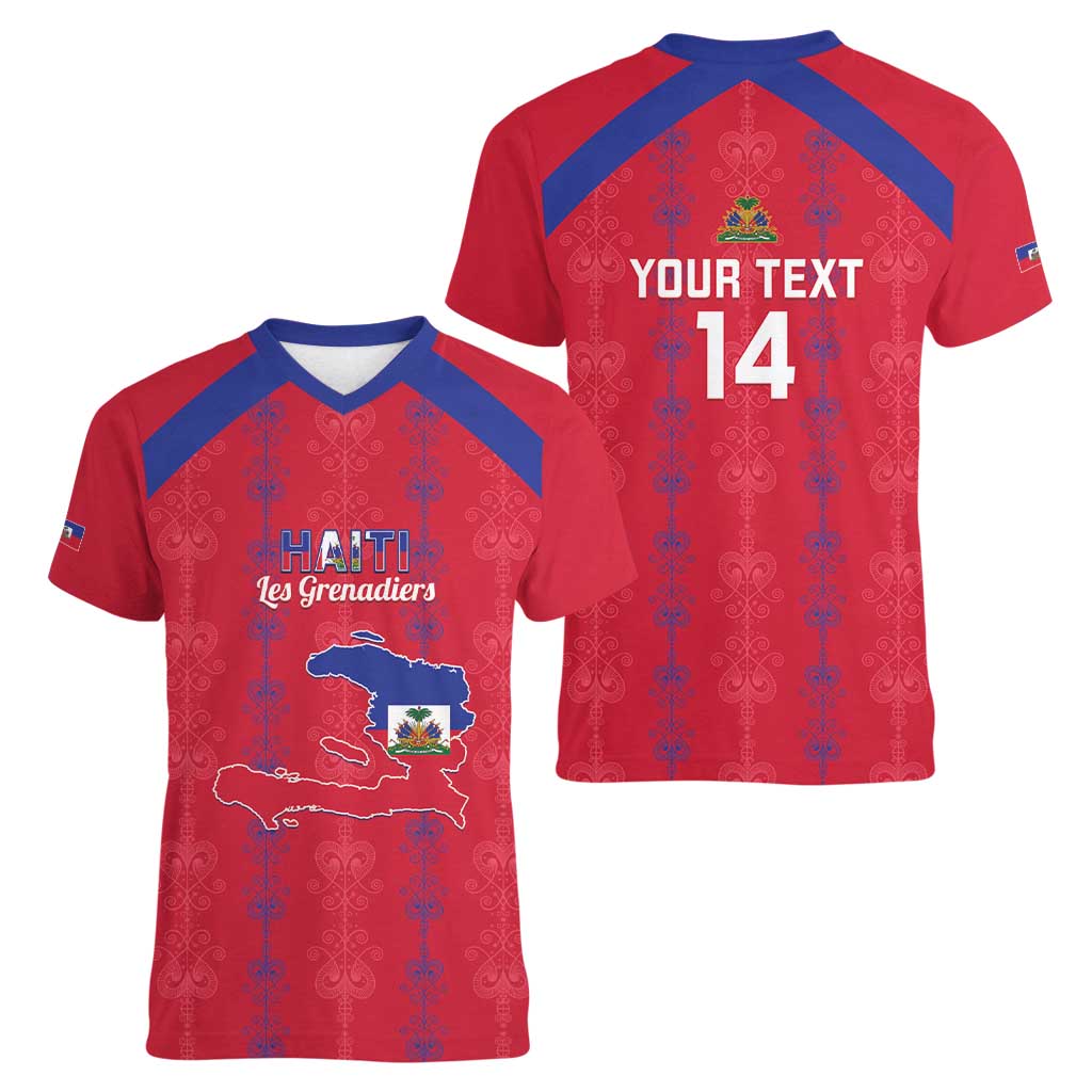 Custom Haiti Football Women V-Neck T-Shirt Les Grenadiers Veve Vodou Red - Wonder Print Shop