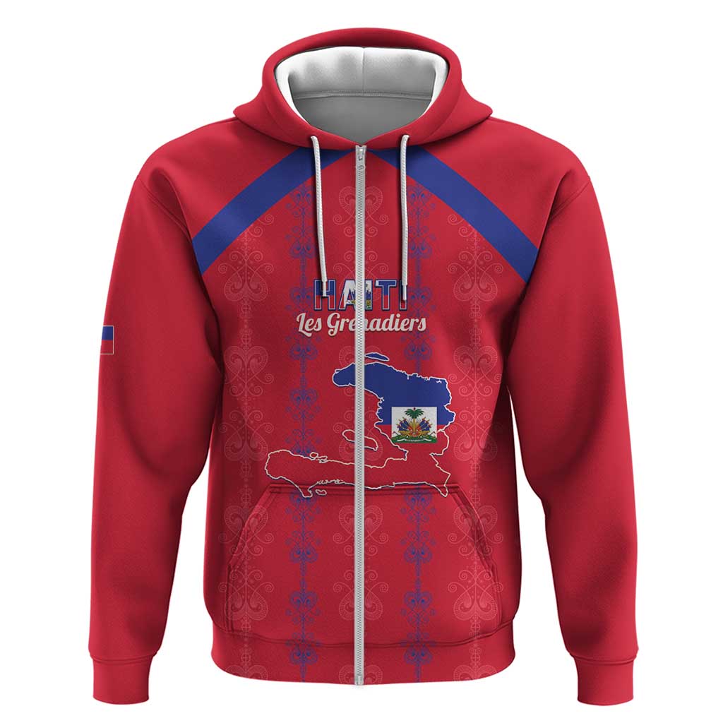 Custom Haiti Football Zip Hoodie Les Grenadiers Veve Vodou Red - Wonder Print Shop