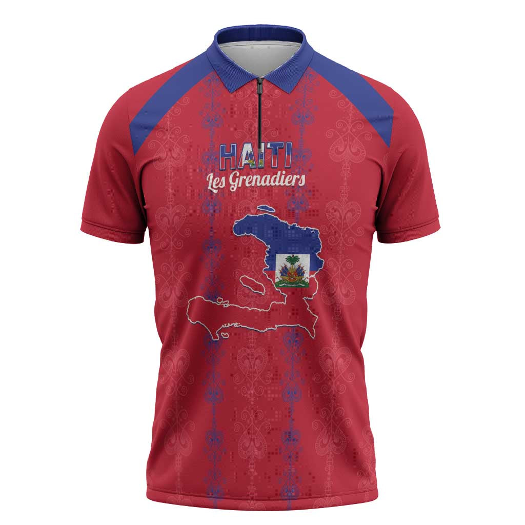 Custom Haiti Football Zipper Polo Shirt Les Grenadiers Veve Vodou Red - Wonder Print Shop