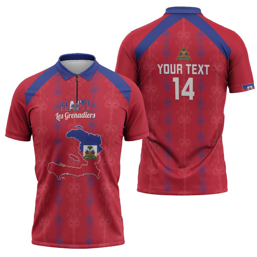 Custom Haiti Football Zipper Polo Shirt Les Grenadiers Veve Vodou Red - Wonder Print Shop